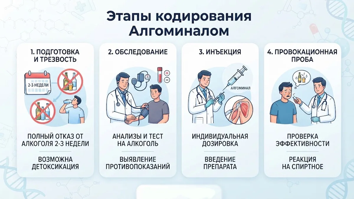 Инфографика: этапы кодирования от алкоголизма Алгоминалом, включающие подготовку и трезвость, обследование, инъекцию препарата и провокационную пробу.